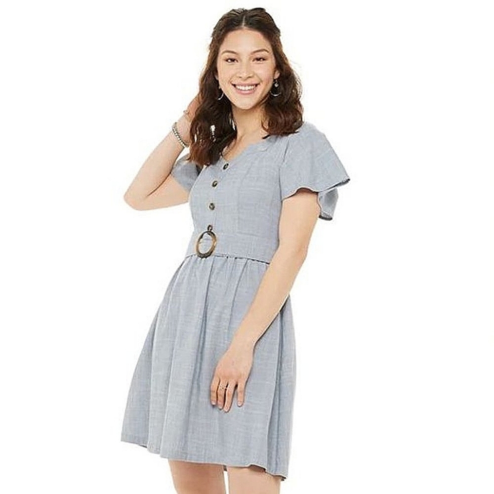 😍So. Flutter sleeve dress blue belted waist
